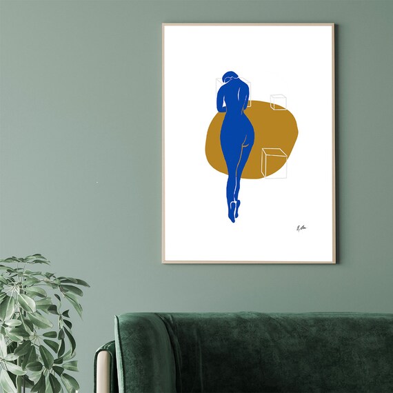 Blue Nude Figure Back View Gold Shape Abstract Modern Poster