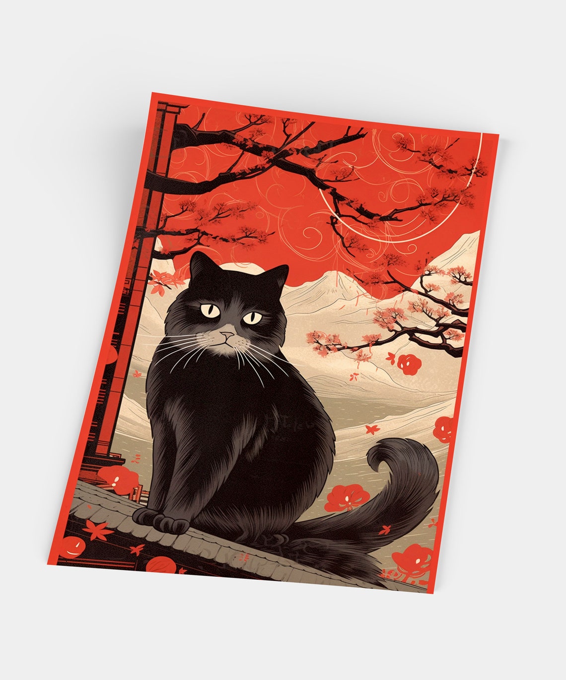 Japanese Black Cat Cherry Blossom Rooftop Ukiyo E Style Poster - Image 5