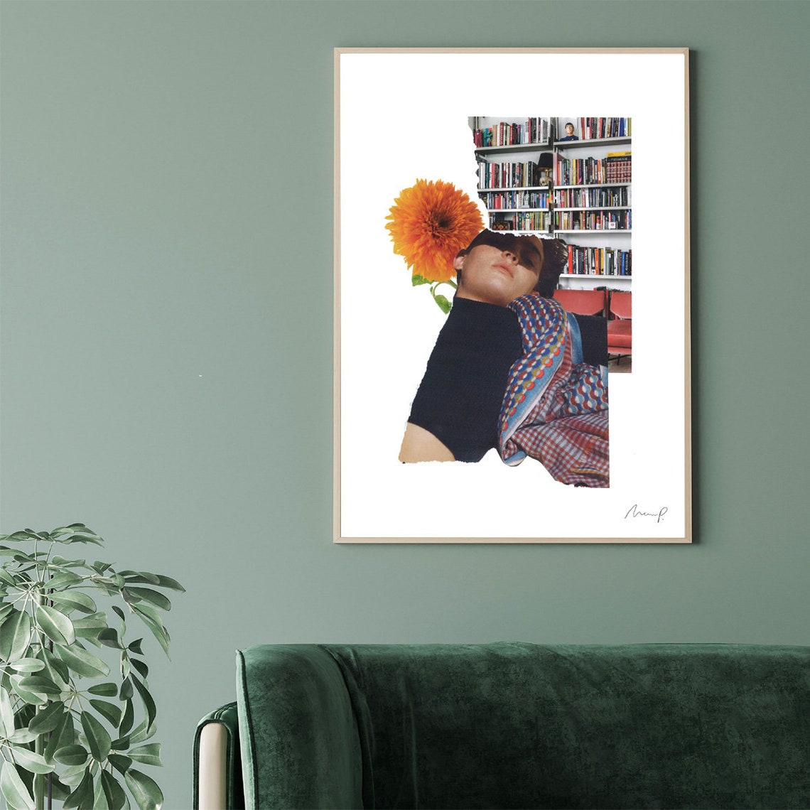 Dreamy Collage Woman Library Marigold Flower Fine Art Poster - Image 2