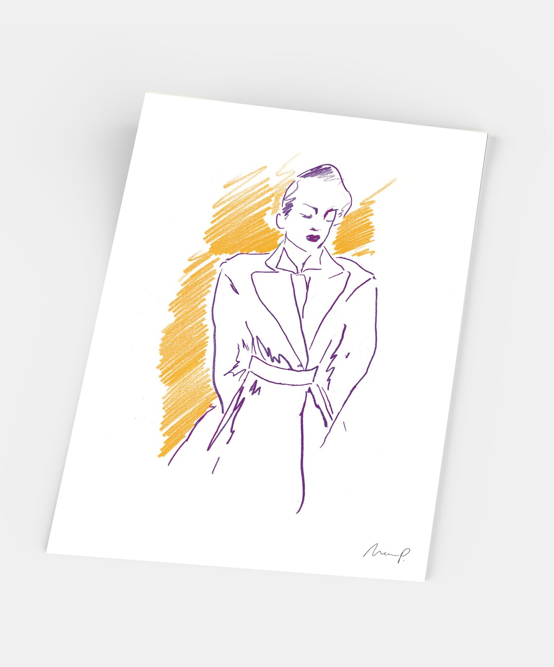 Poised Fashion Illustration Woman Belted Coat Crayon Style Poster - Image 5