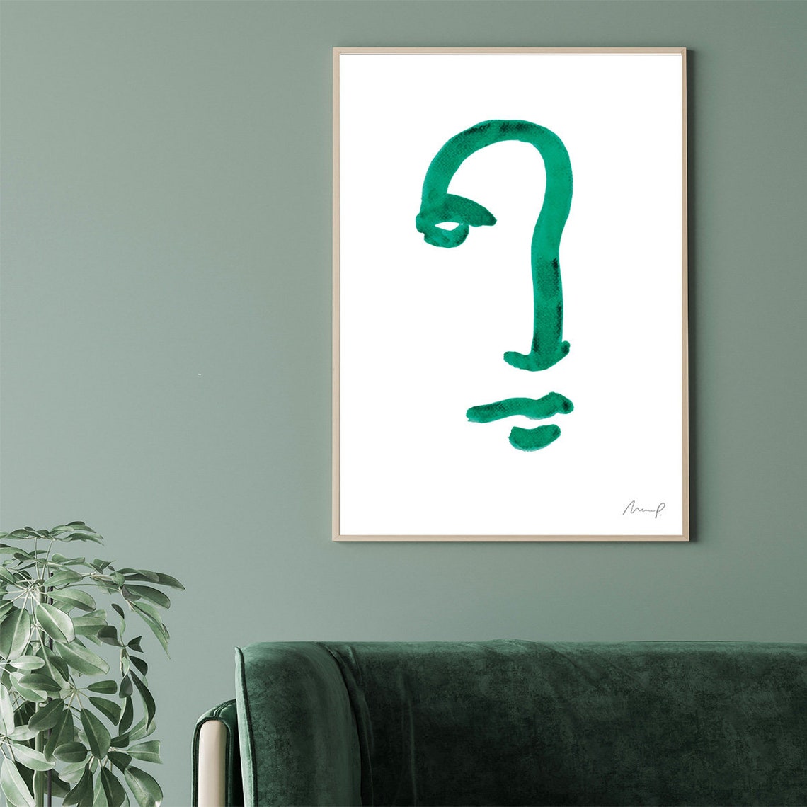 Green Brushstroke Face Seven Curved Line Profile Portrait Poster - Image 2