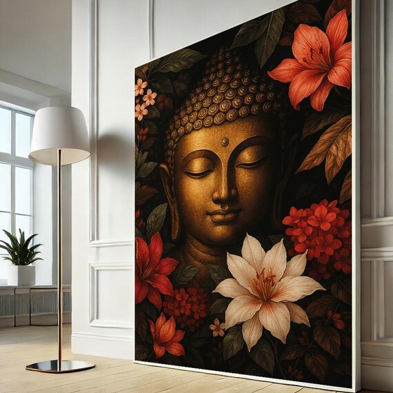 Golden Buddha Canvas Wall Art Floral Spiritual Poster Zen Meditation Room Decor Print Home Ready To Hang