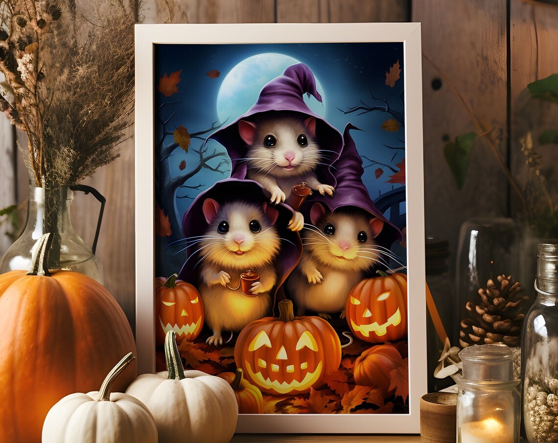 Cute Halloween Mice Witch Hats Poster Jack O Lantern Night Scene