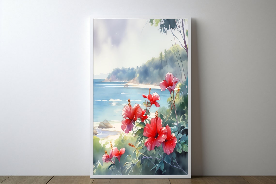 Hibiscus Water Color Art Red Floral Beach Scene With Palm Trees Blue Water Print For Home Decor - Image 2