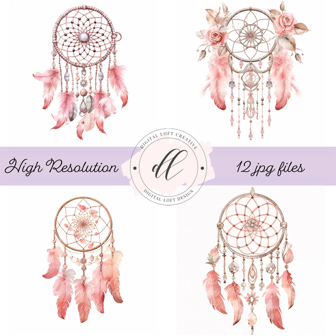 Pink Dreamcatcher with Roses and Feathers Watercolor Boho Poster - Image 2