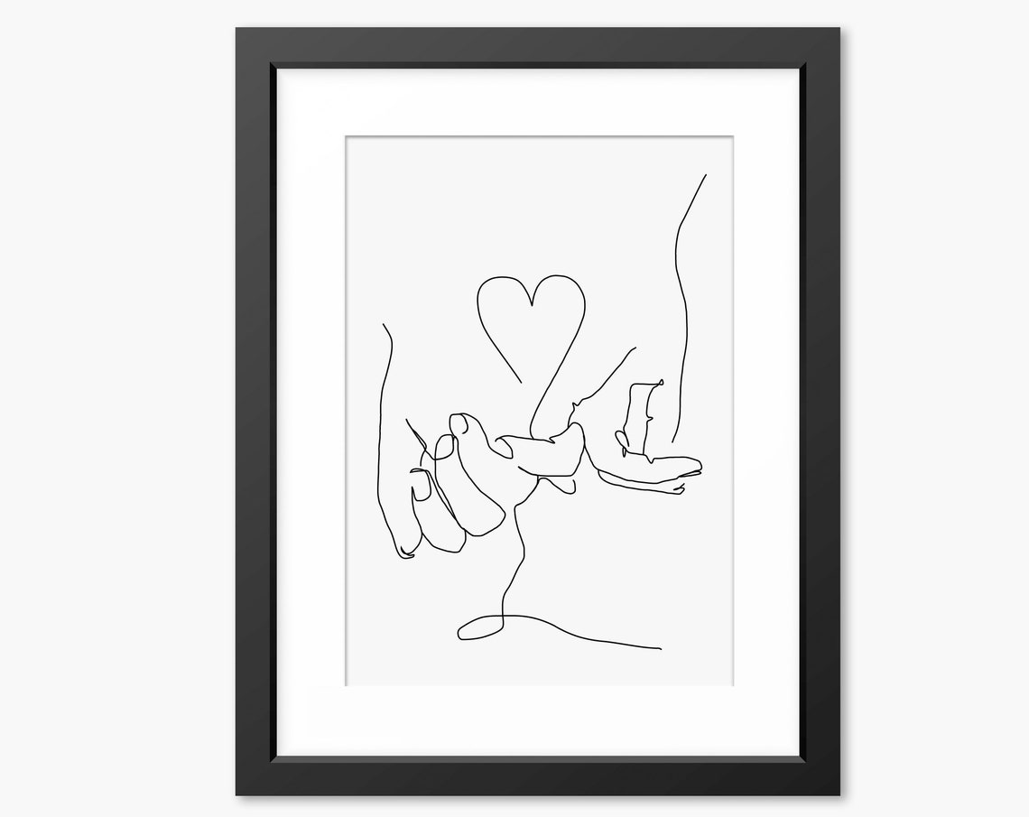 Two Hands Joined with a Heart Above Minimalist Line Drawing Poster