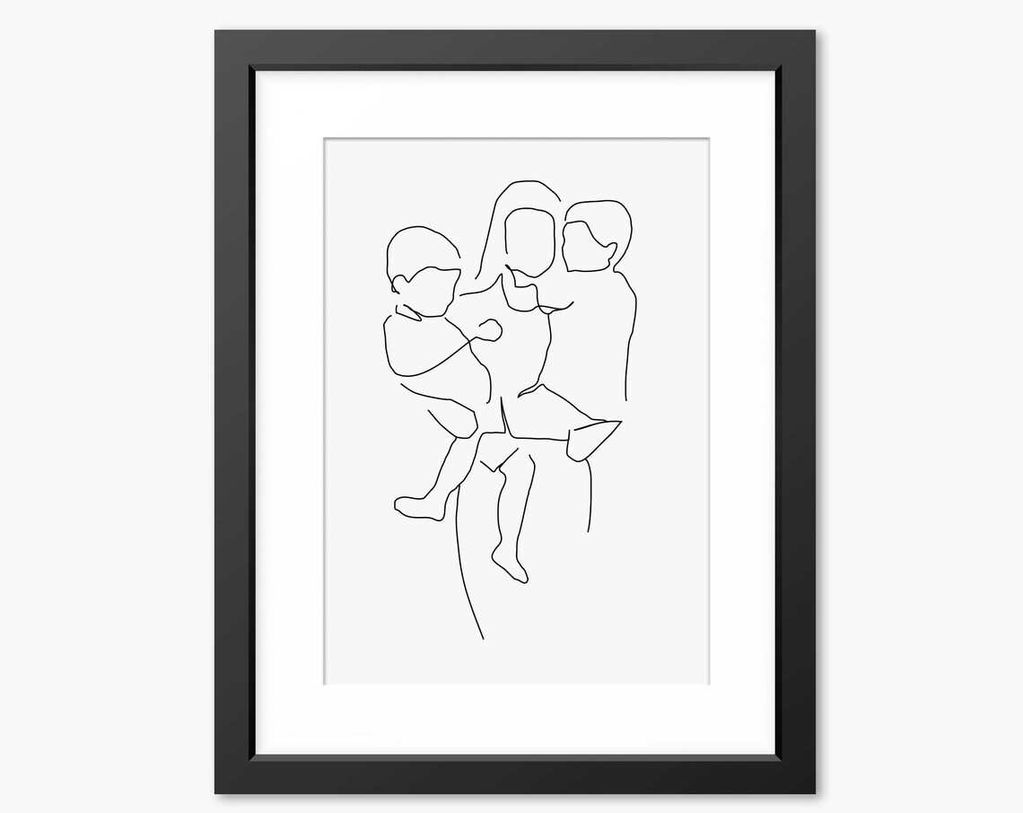 Mother Holding Her Two Young Sons Close in Line Art Style Poster - Image 2