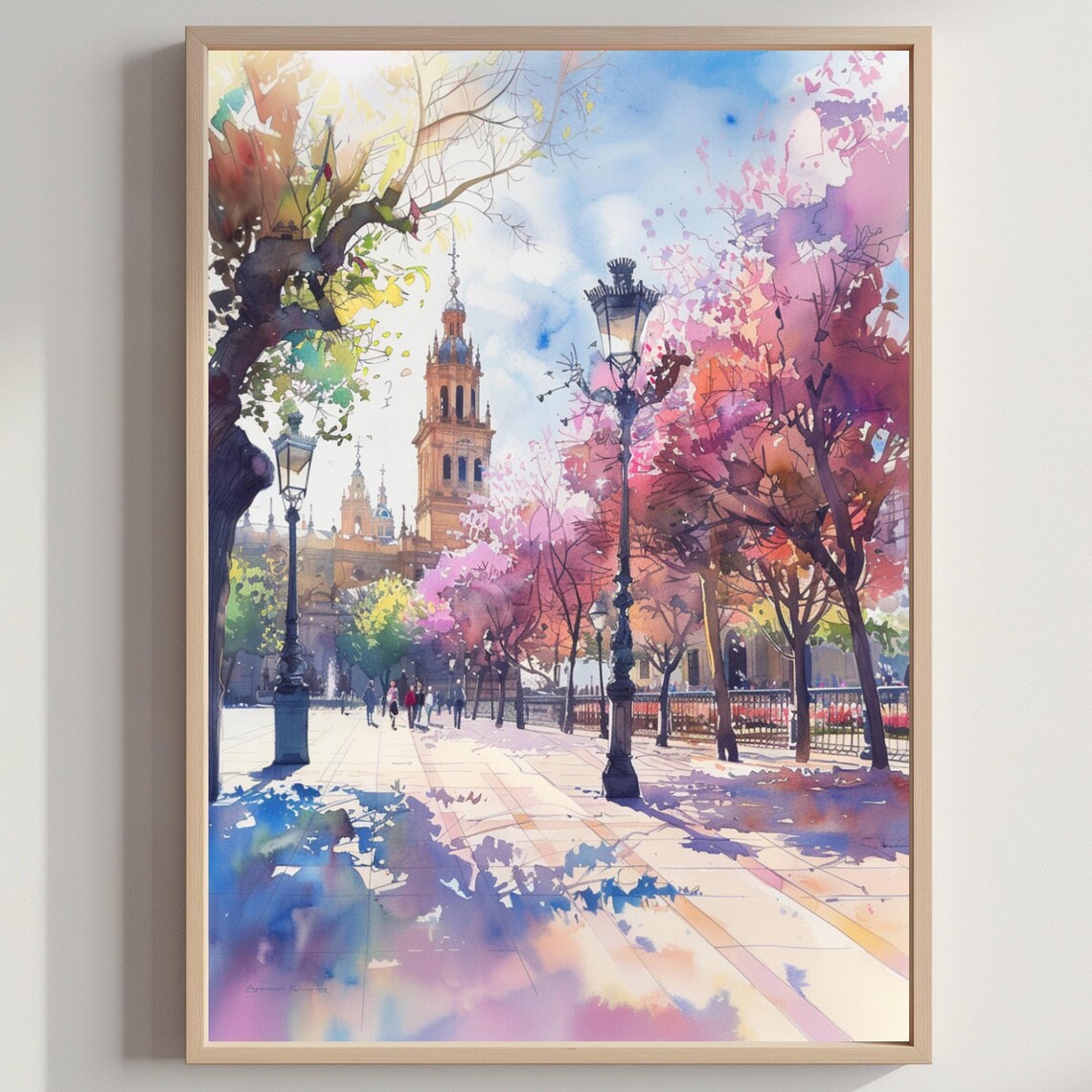 Seville Giralda Tower Watercolor Spring Blossom Plaza Spain Poster