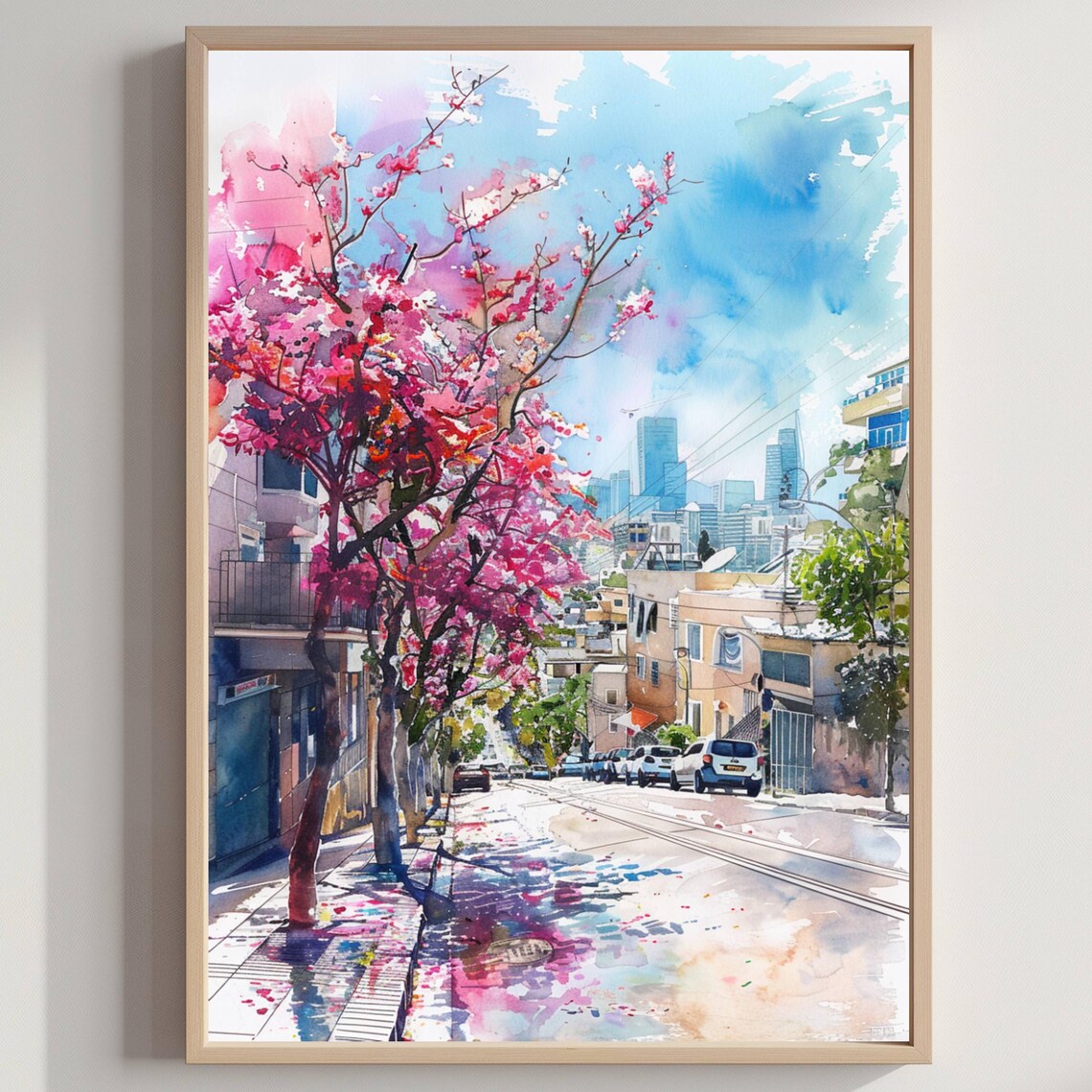 Tel Aviv Israel Blossom Street Spring Watercolor City Poster