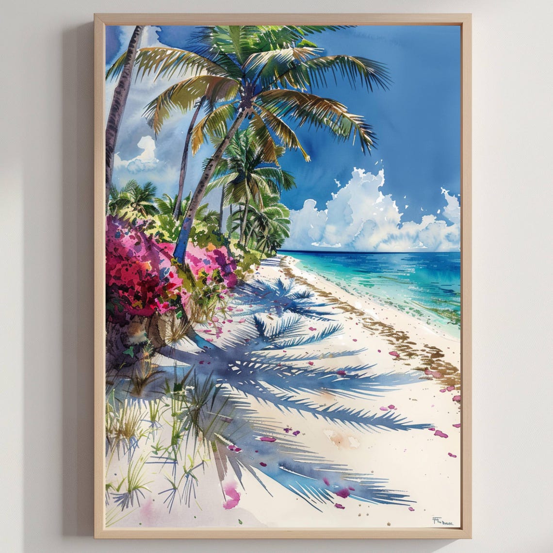 Tropical Beach Palm Trees Watercolor Turquoise Sea Art Poster