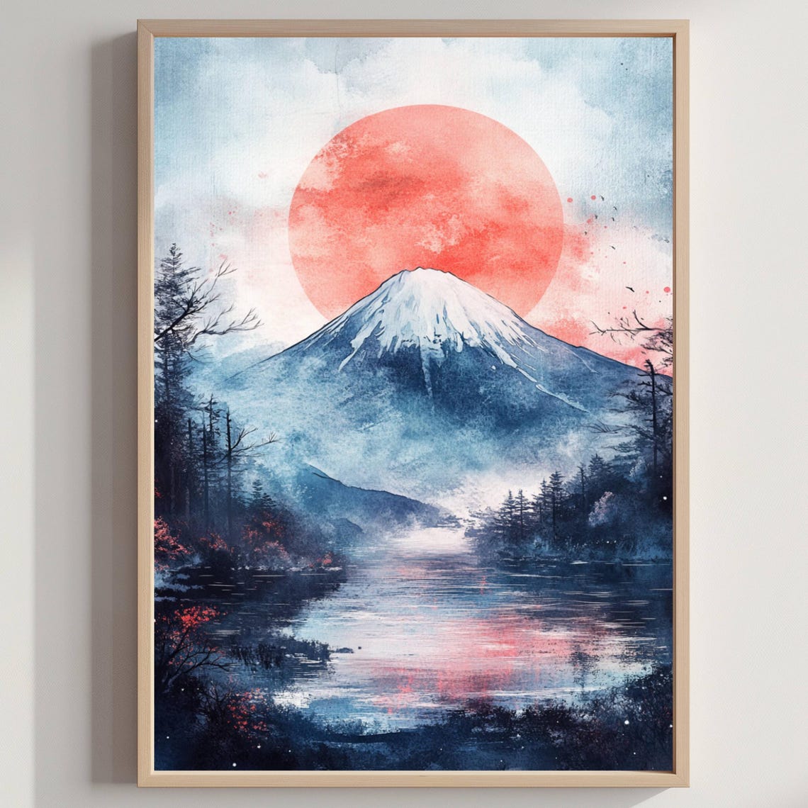 Mount Fuji Red Sun Watercolor Lake Reflection Japan Mountain Poster