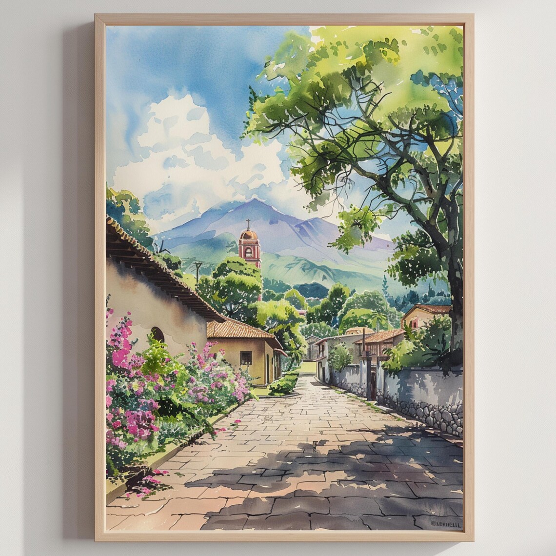 Nicaragua Colonial Village Church Volcano Valley Watercolor Poster