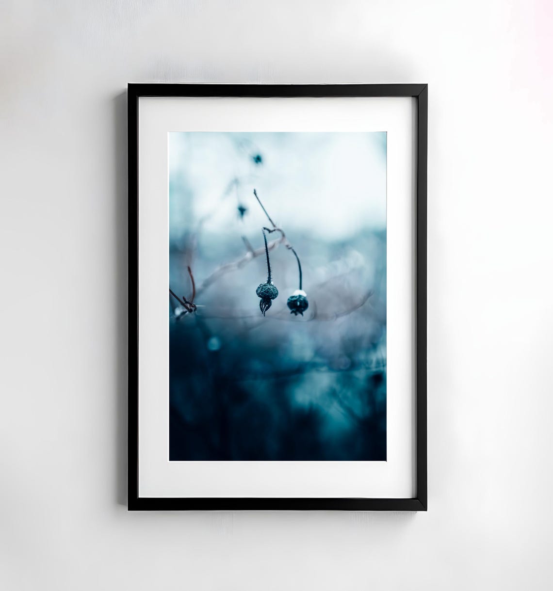 Frosty Winter Berries Bare Branch Cool Blue Minimalist Poster