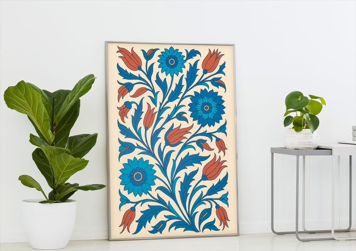 Ottoman Turkish Iznik Floral Pattern Blue Red Ceramic Tile Art Print