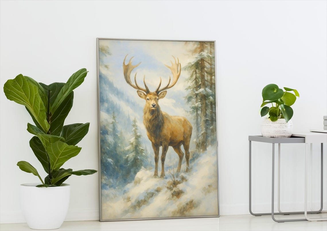 Elk Painting Art Print Majestic Deer In Winter Forest