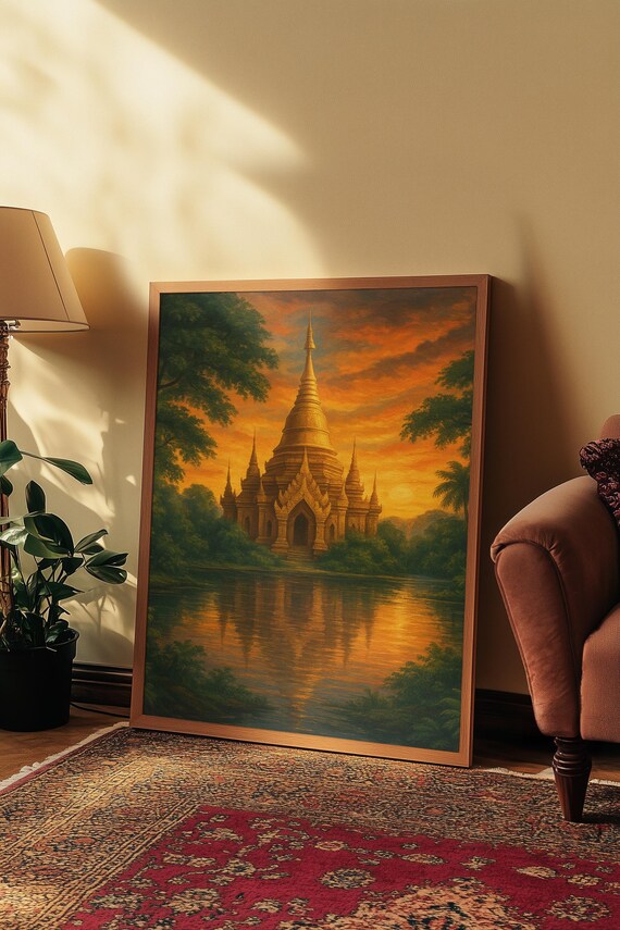 Golden Temple Sunset Print Asian Zen Landscape Wall Art