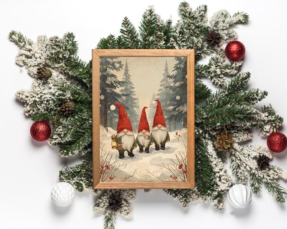 Vintage Christmas Gnomes Snowy Forest Nordic Holiday Scene Poster
