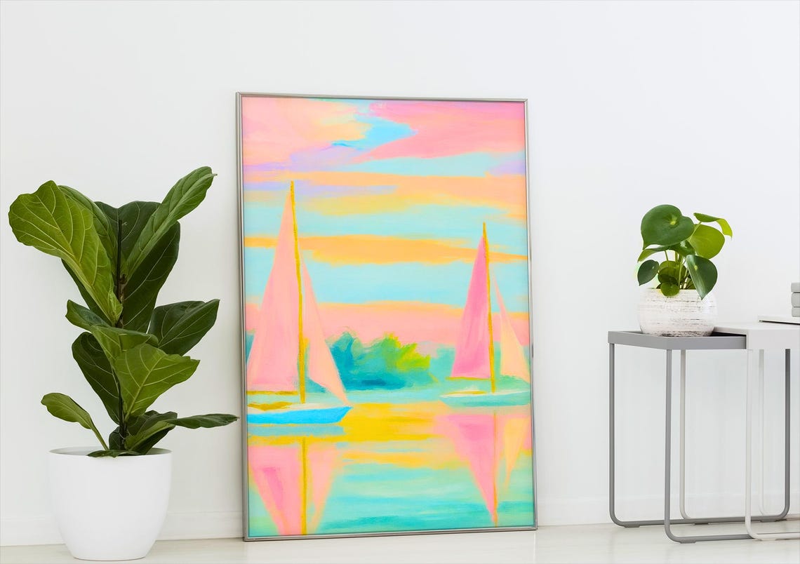 Abstract Sailboat Print Colorful Coastal Wall Art