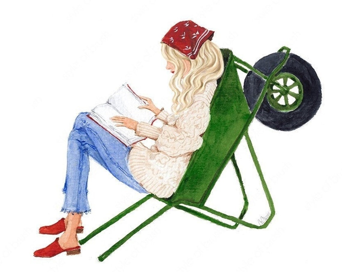 Blonde Woman Reading in a Wheelbarrow with Red Bandana Poster