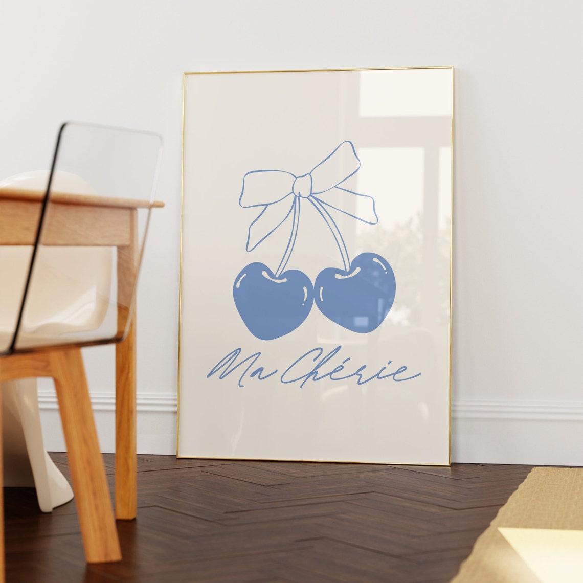 Sweet Ma Cherie Blue Cherry Bow French Script Coquette Art Poster - Image 2