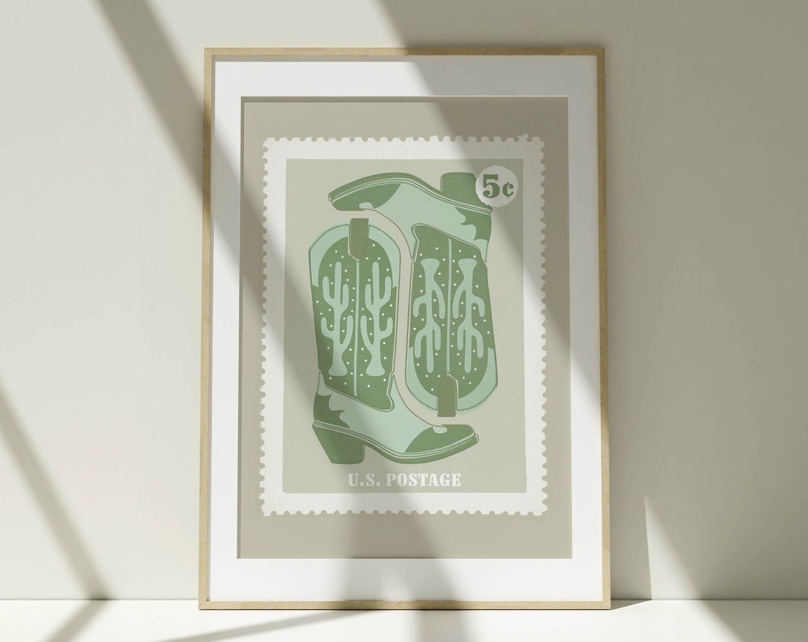 Retro Sage Green Cowboy Boots Five Cent US Postage Stamp Wall Art