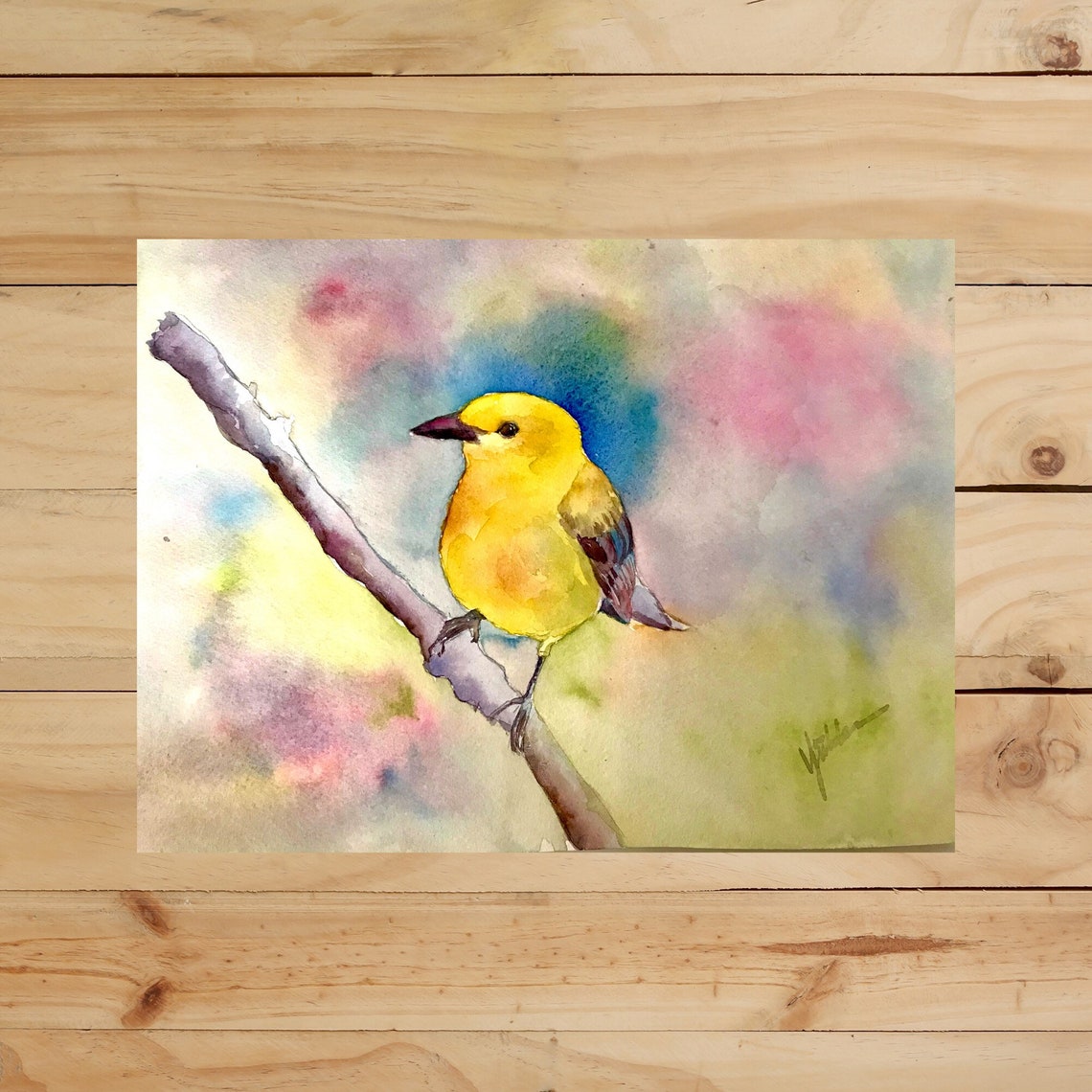 Bright Yellow Songbird on Branch Watercolor Spring Bird Poster