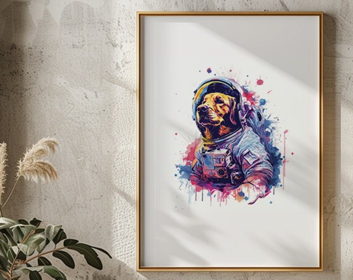 Golden Retriever Astronaut Watercolor Dog Space Suit Animal Art Poster