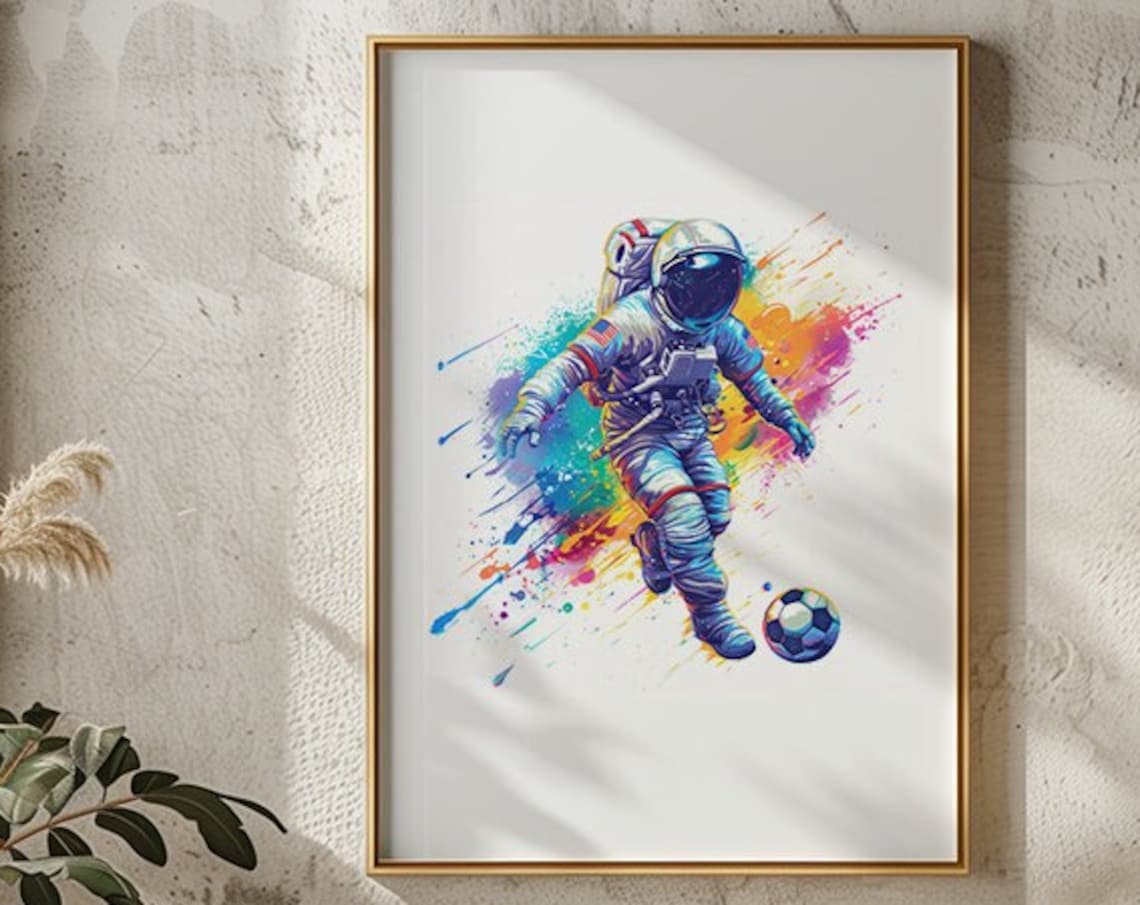 Astronaut Soccer Player Colorful Space Art Watercolor Poster