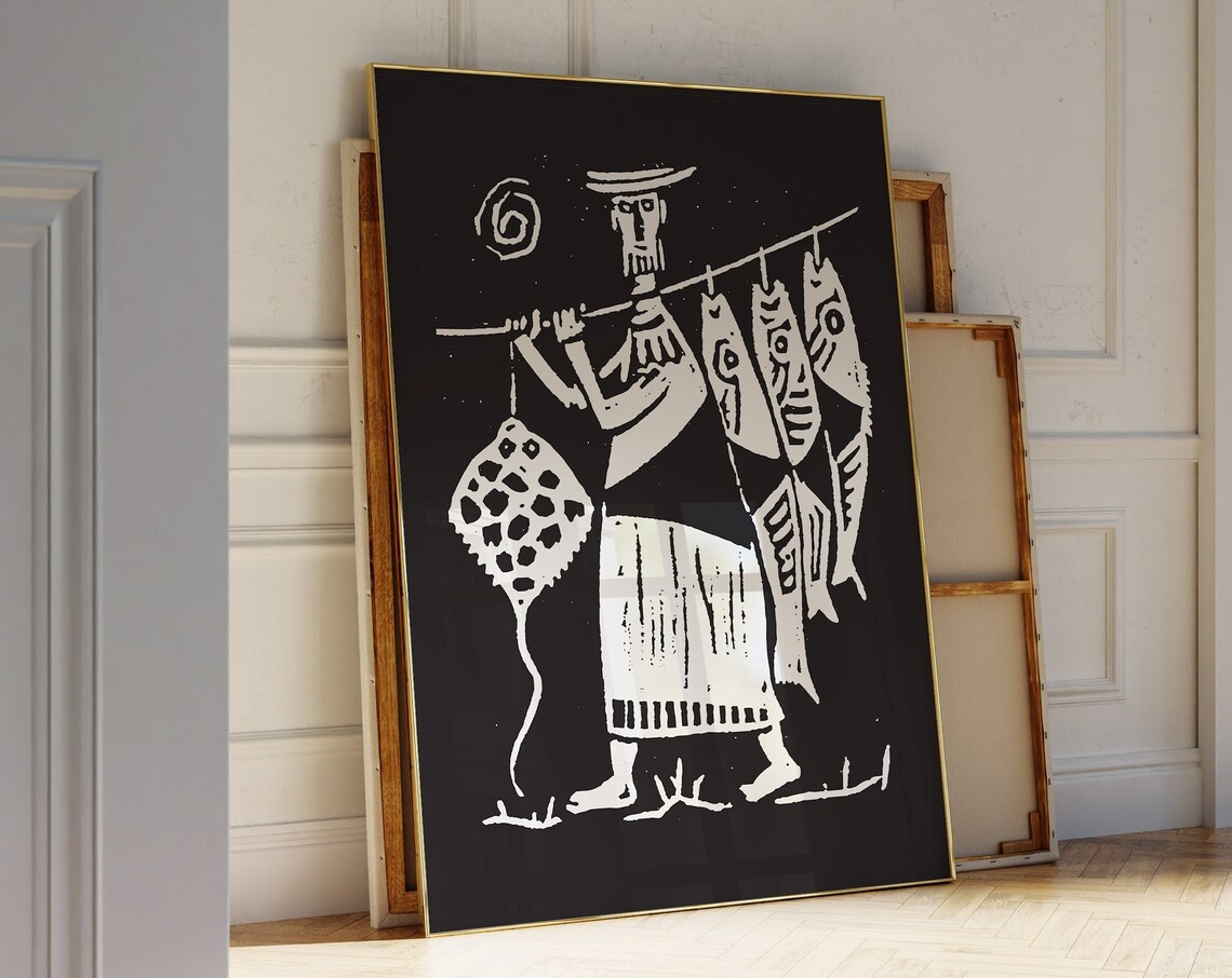 Vintage Fisherman Catch Black White Linocut Woodblock Art Poster - Image 3