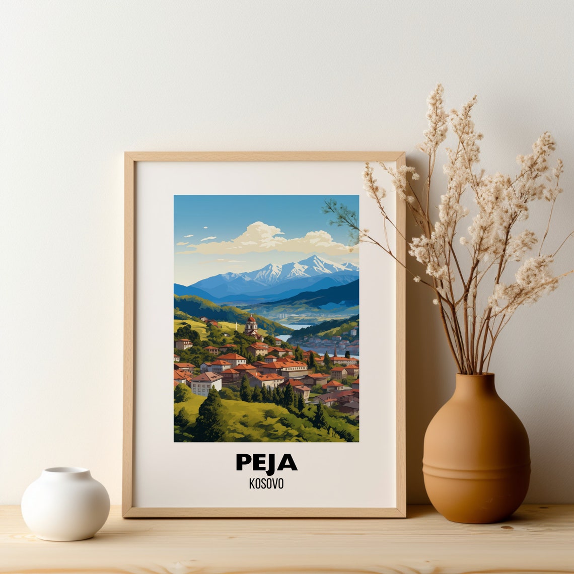 Peja Kosovo Mountain Town Red Rooftops Green Valley Travel Poster - Image 2