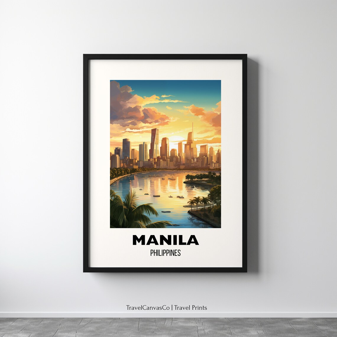 Manila Philippines Golden Sunset Skyline Bay Harbor Travel Poster