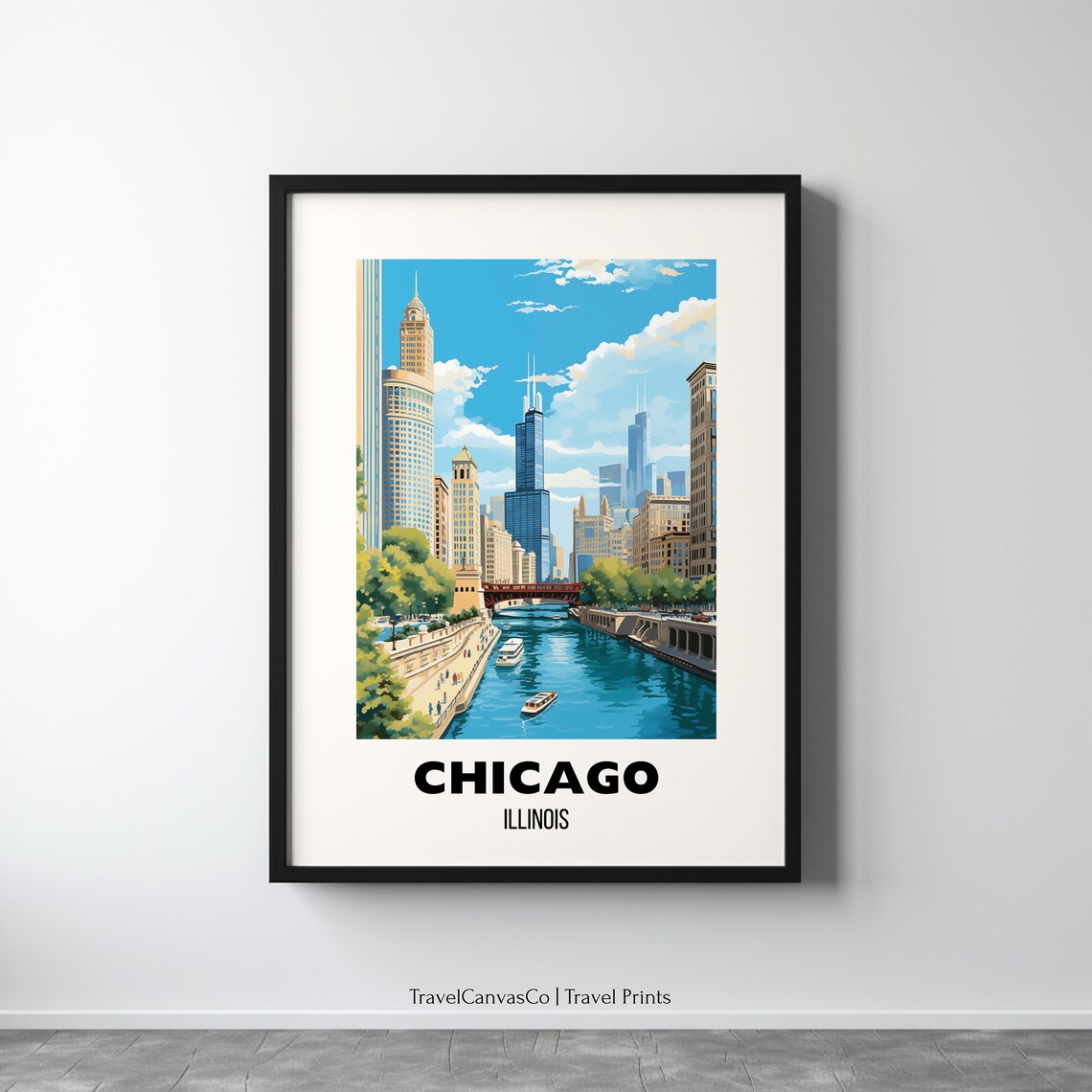 Chicago Illinois Riverwalk City Skyline Bridges Downtown Travel Poster