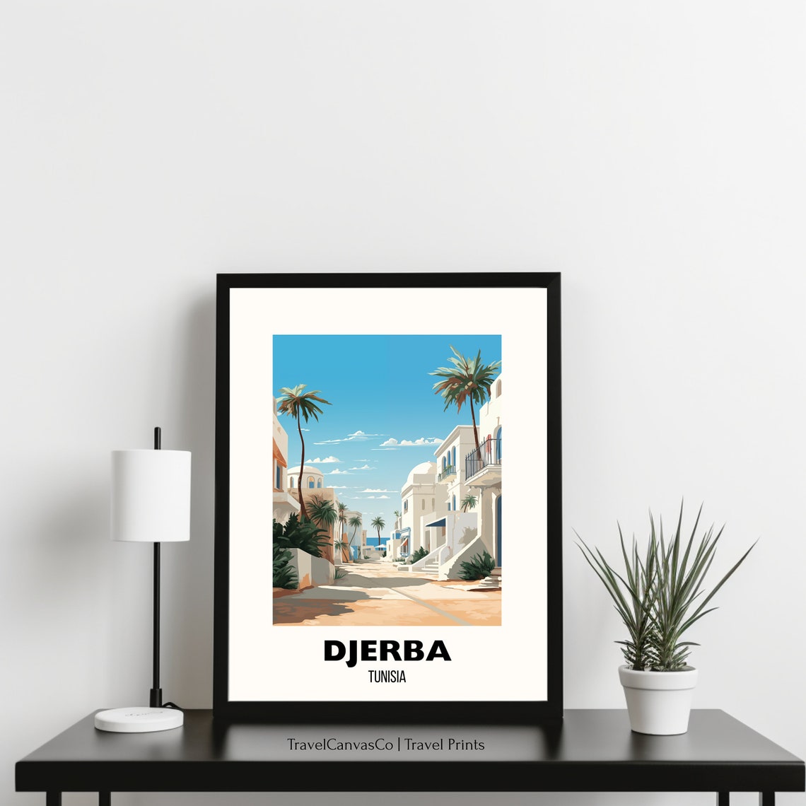 Djerba Tunisia Whitewashed Street Palm Trees Vintage Travel Poster - Image 3