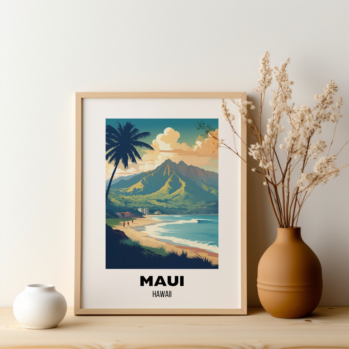 Maui Hawaii Palm Tree Beach Mountain Sunset Vintage Travel Poster - Image 2