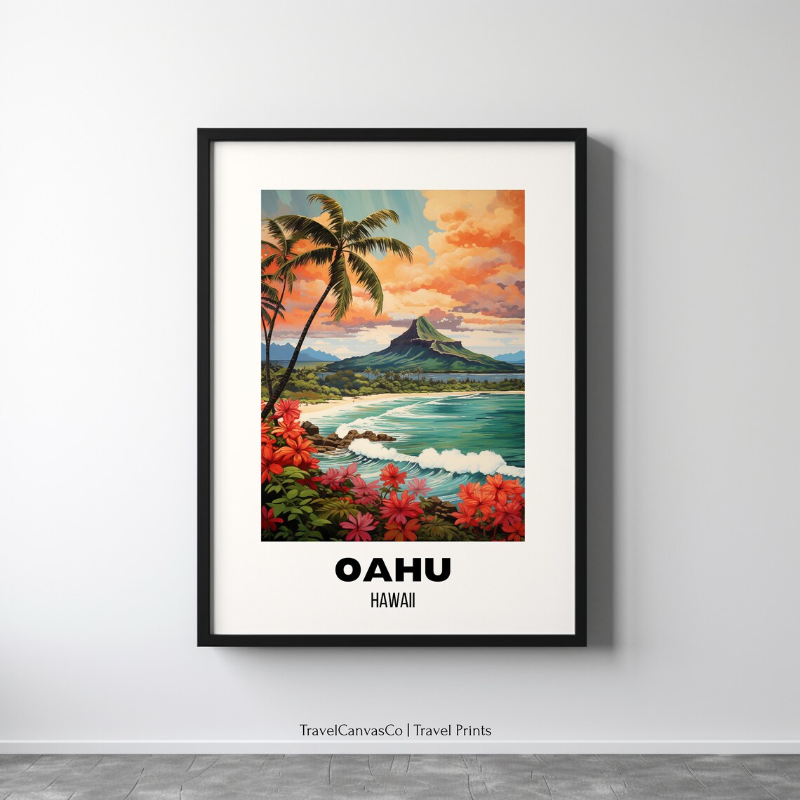 Oahu Hawaii Travel Poster, Tropical Wall Art