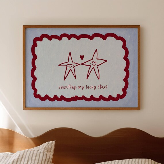 Counting My Lucky Stars Blue Bed Print Horizontal Above Wall Art Hand Drawn Mid Century Bedroom Poster Retro Stay In Oil Painting