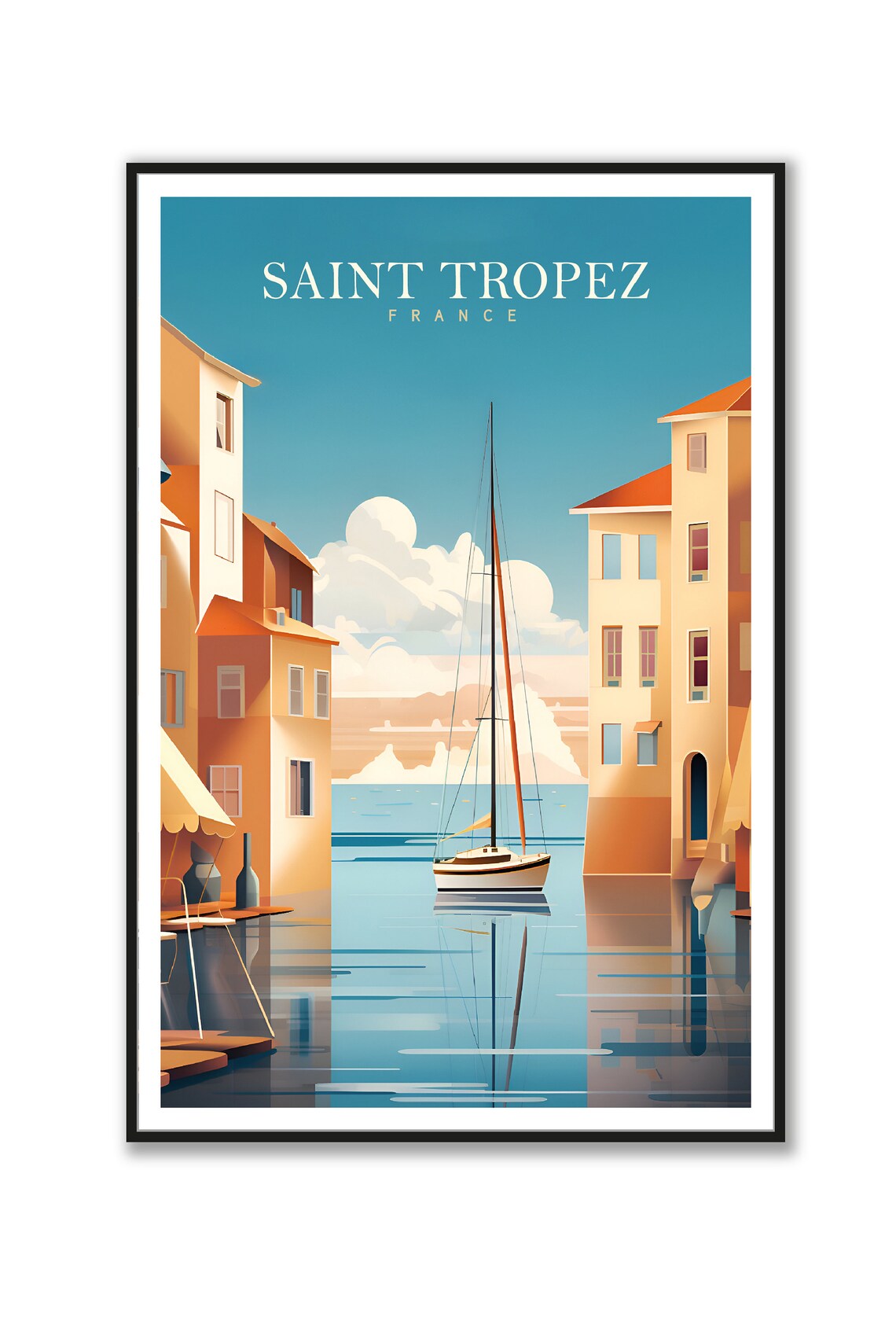 Saint Tropez France Vintage Travel Poster Harbor Sailboat Scene