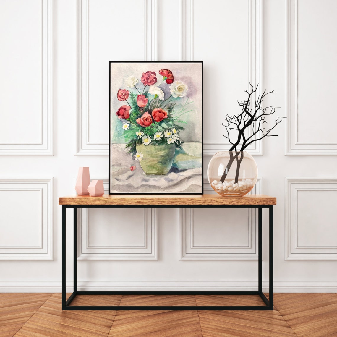 Mixed Garden Bouquet in a Green Vase Watercolor Still Life Poster - Image 5