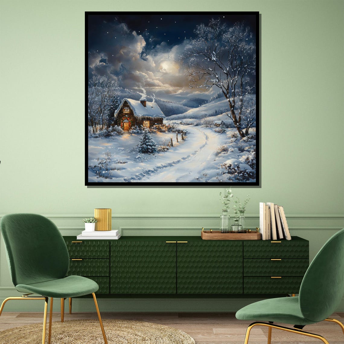 Snowy Cabin Under Moonlight Cozy Winter Night Scene Art Poster - Image 4