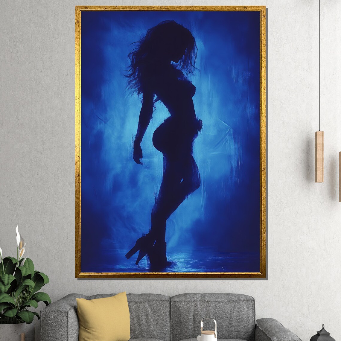Mysterious Seductive Blue Silhouette of a Woman in High Heels Poster