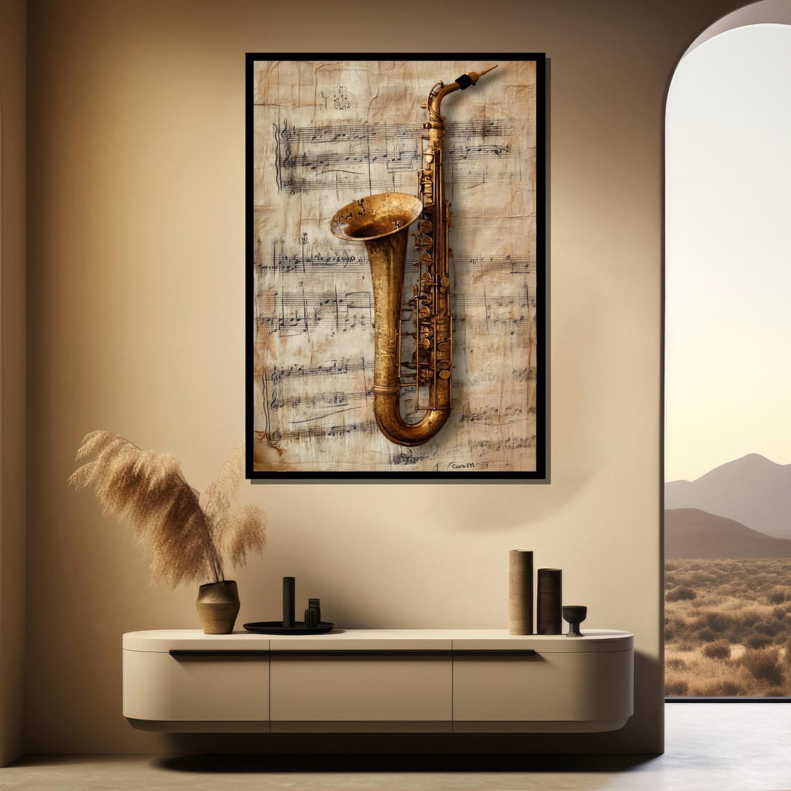 Classic Antique Golden Saxophone on Weathered Sheet Music Poster - Image 4
