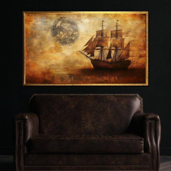 Vintage Ship At Moonlight Painting Nautical Wall Art Gift For Living Room Or Dark Themed Elegant Interiors