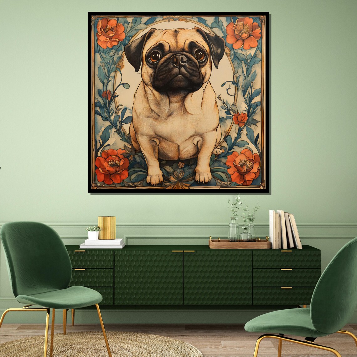 Adorable Pug Puppy Framed By An Art Nouveau Floral Design Poster - Image 4