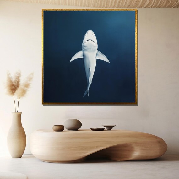 Great White Shark Rising Through Deep Dark Blue Ocean Water Poster