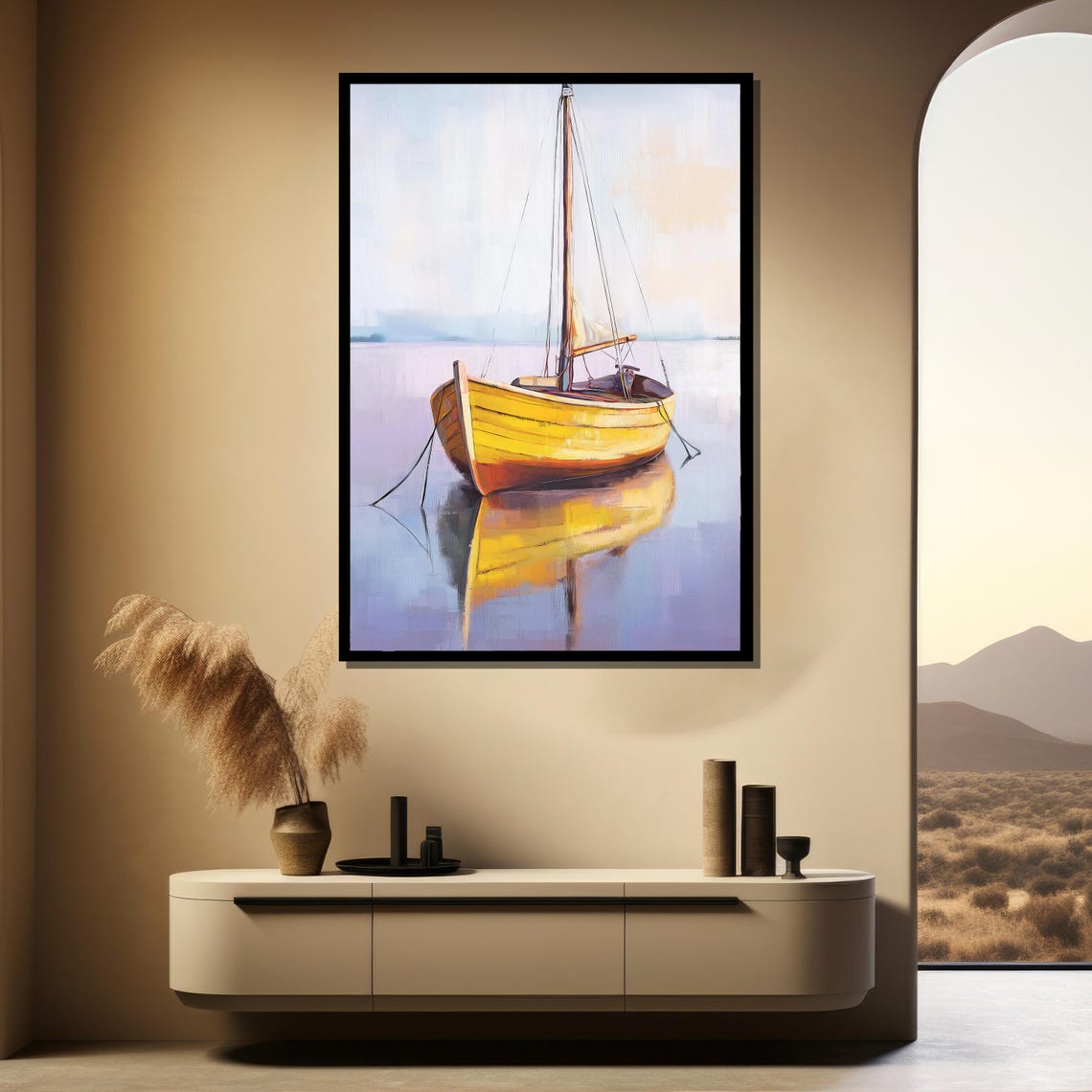 Bright Yellow Wooden Boat Calm Water Mirror Reflection Poster - Image 4