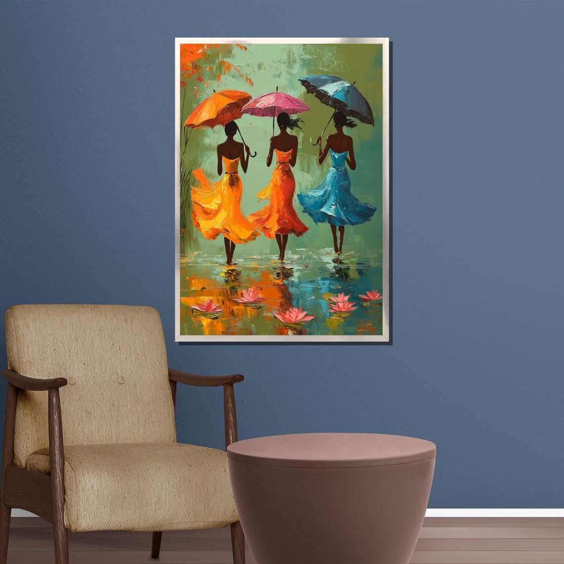 Three Women Colorful Umbrellas Rain Lotus Reflections Art Print - Image 4