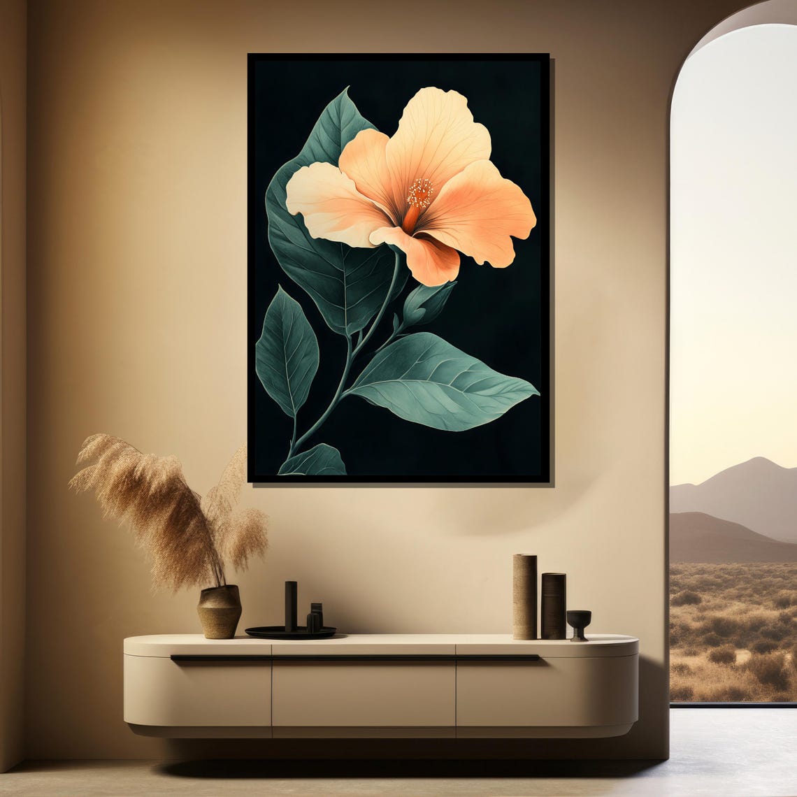 Peach Orange Hibiscus Bloom On Black Tropical Floral Art Poster - Image 4