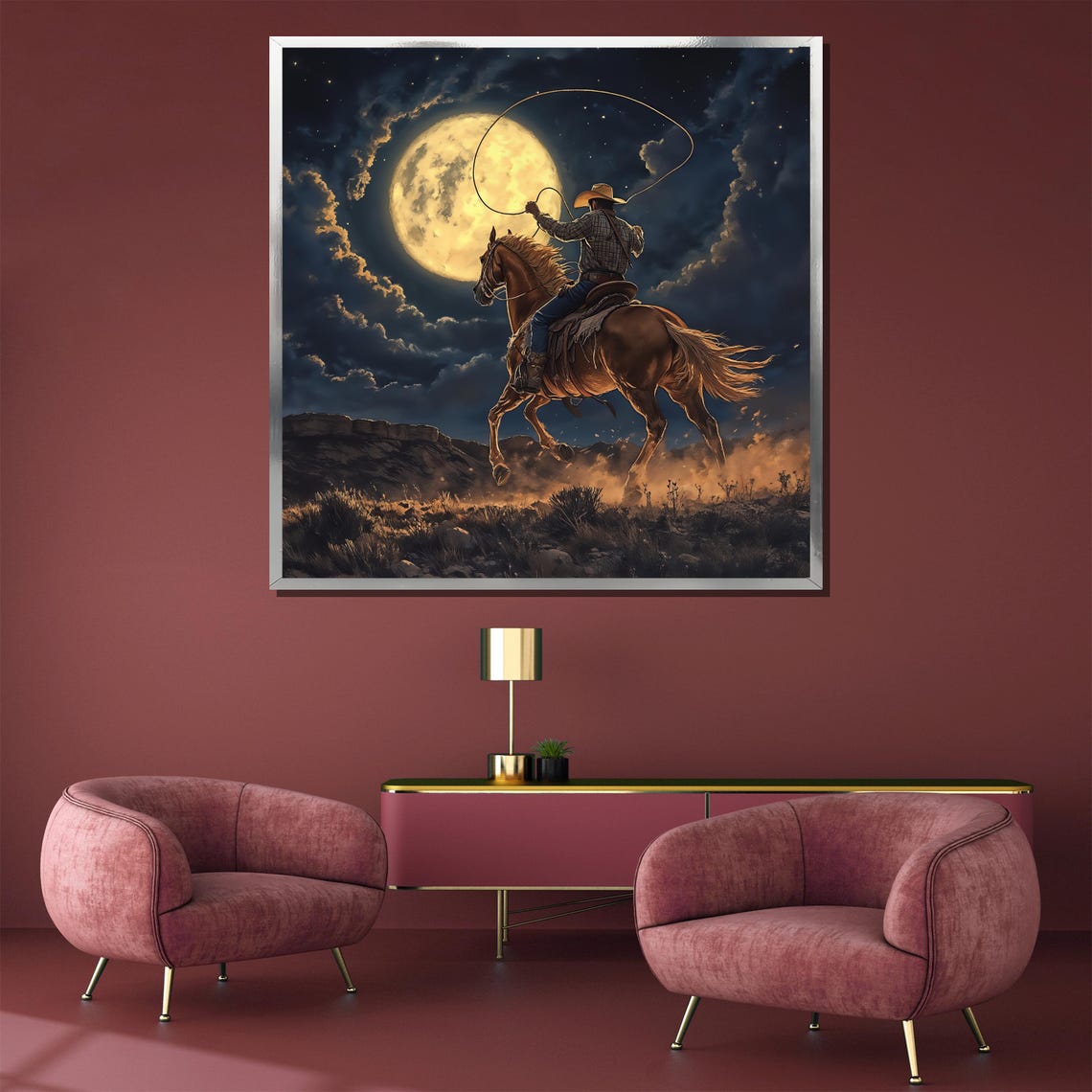 Midnight Lasso Cowboy Under Full Moon Night Horse Western Wall Poster - Image 4