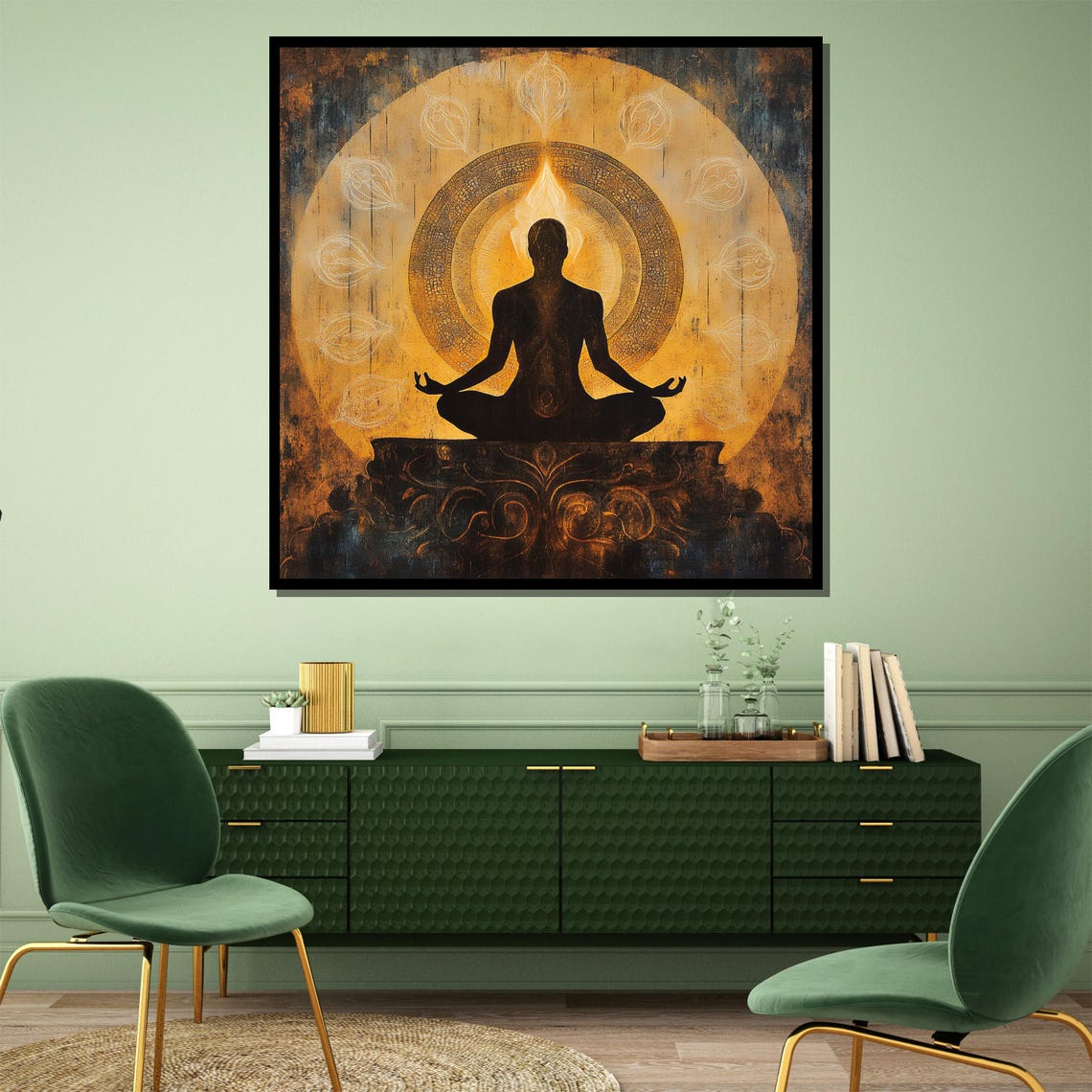 Dark Meditator Silhouette Before a Golden Flame Halo Art Poster - Image 4