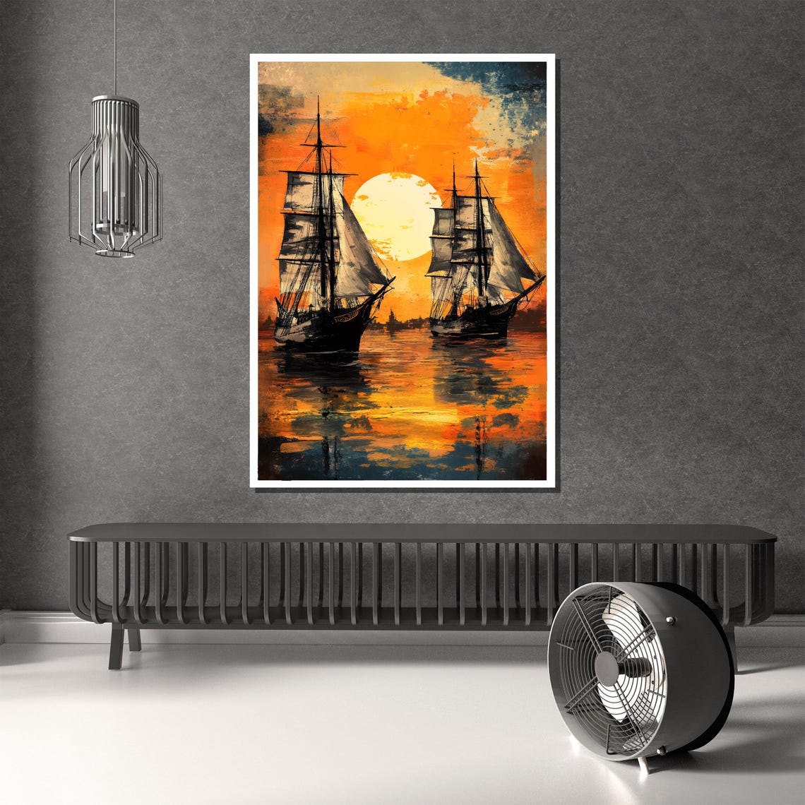 Tall Sailing Ships At Golden Sunset Ocean Nautical Art Poster - Image 2